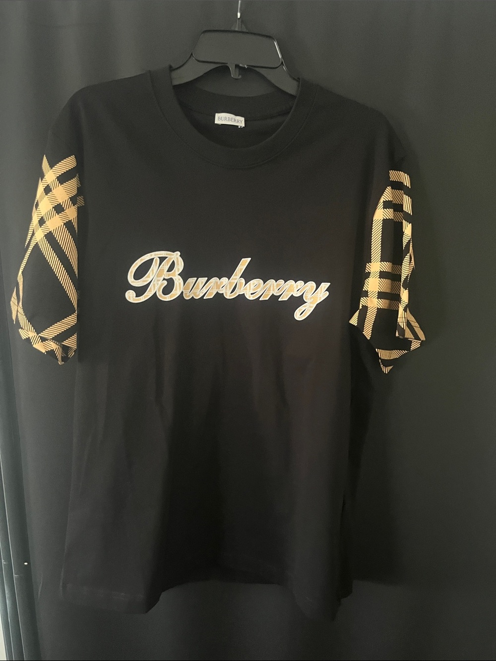 Burberry Black Tee with Beige Check Sleeve Accents
